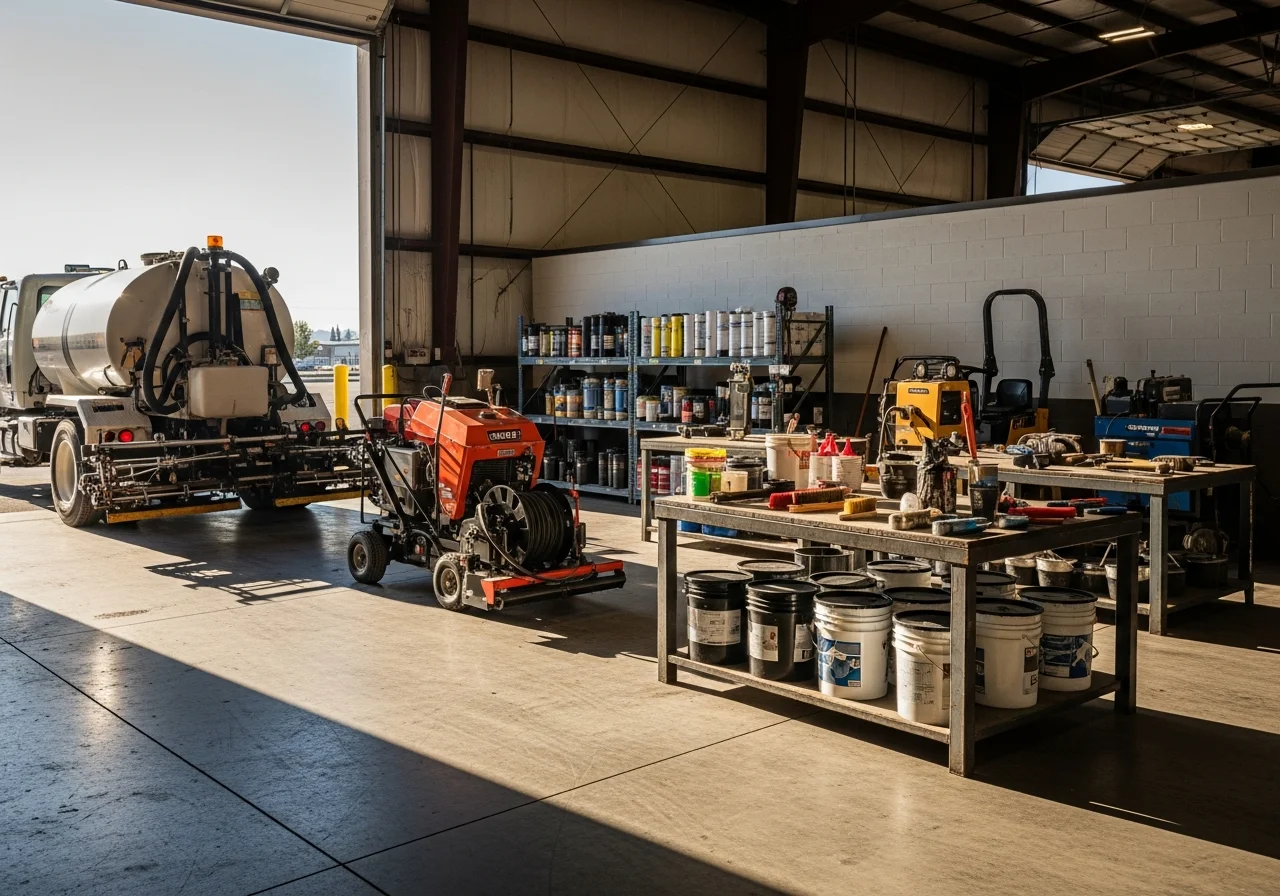 Asphalt maintenance crew and equipment ready for seal coating and repair work on residential and commercial properties.