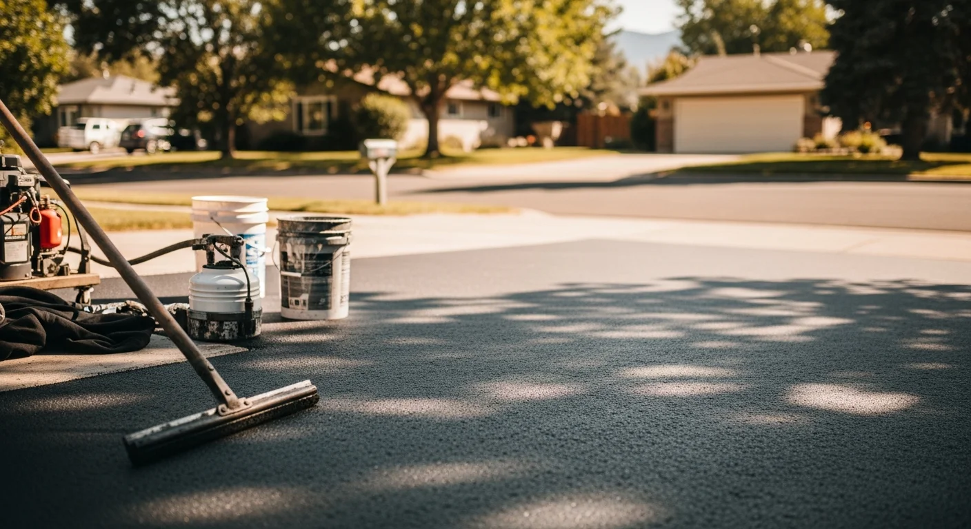Professional asphalt seal coating and crack filling on residential driveway