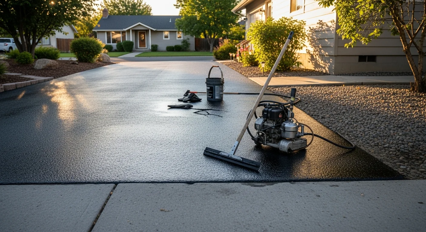 Sealed residential asphalt driveway with fresh black finish