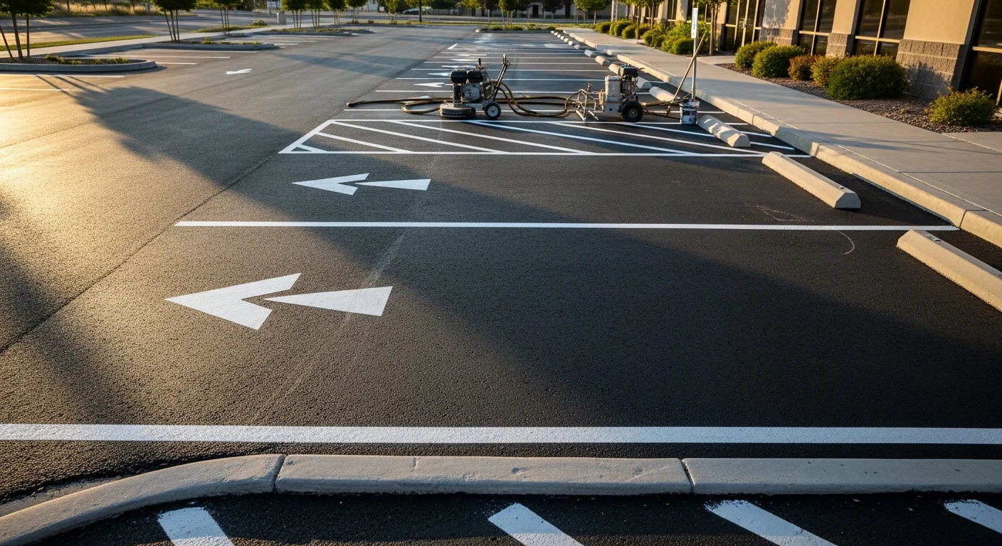 Freshly painted parking lot stripes on commercial asphalt surface