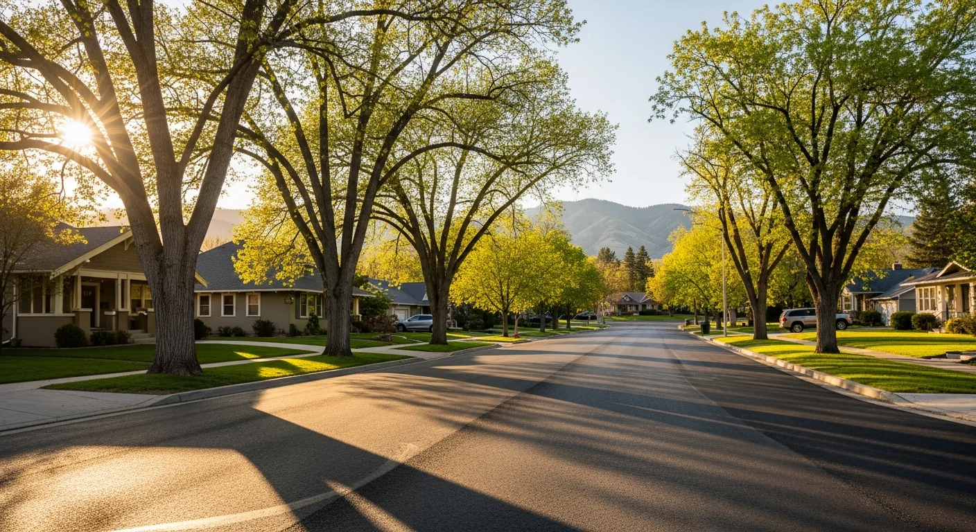 Boise residential street with mature trees and mixed architectural styles, foothills visible in background.