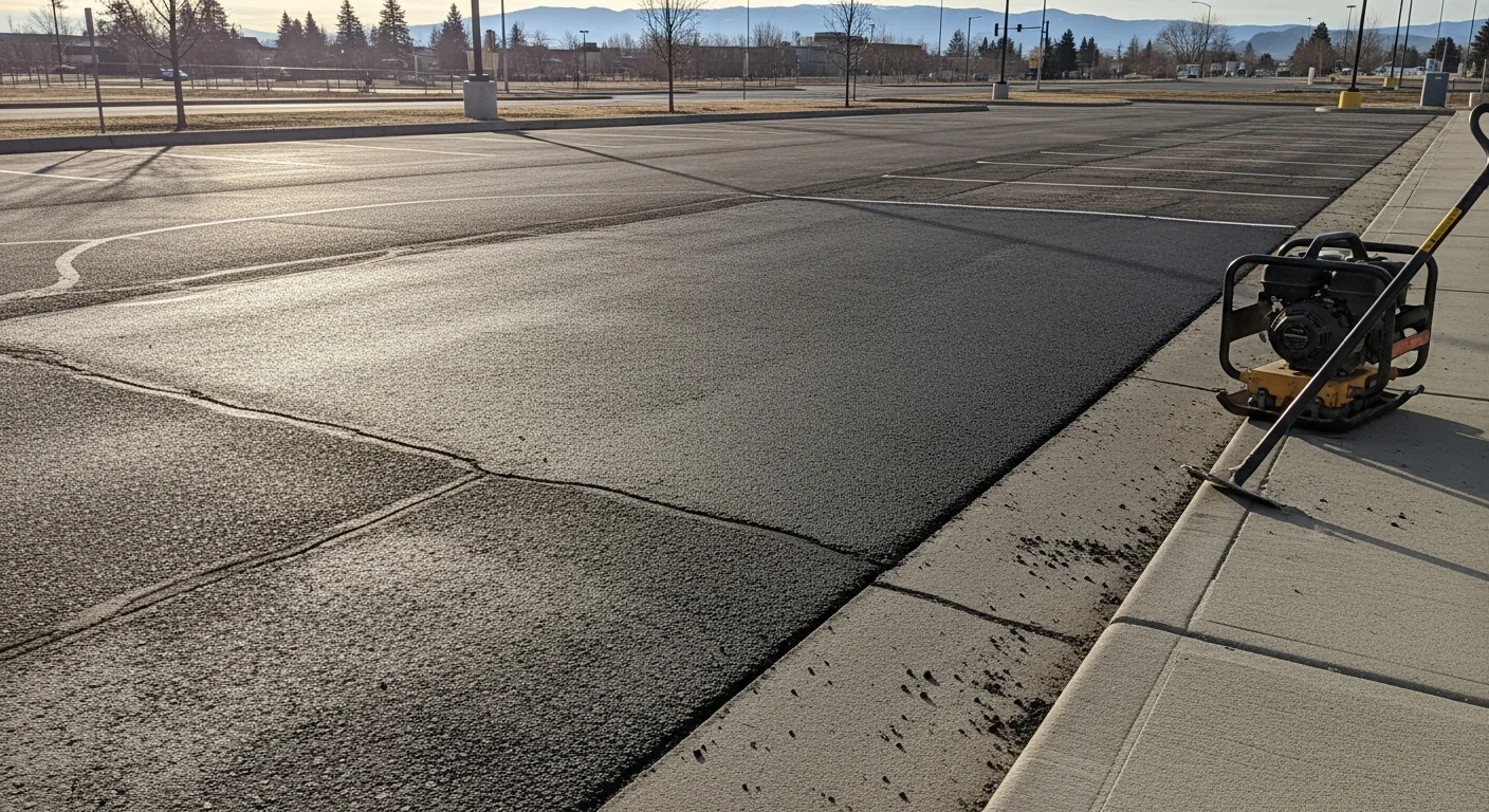 A freshly patched asphalt driveway in Boise, Idaho, showing a smooth, dark-filled repair flush with the surrounding pavement surface. A residential property is visible in the background under clear Idaho skies.
