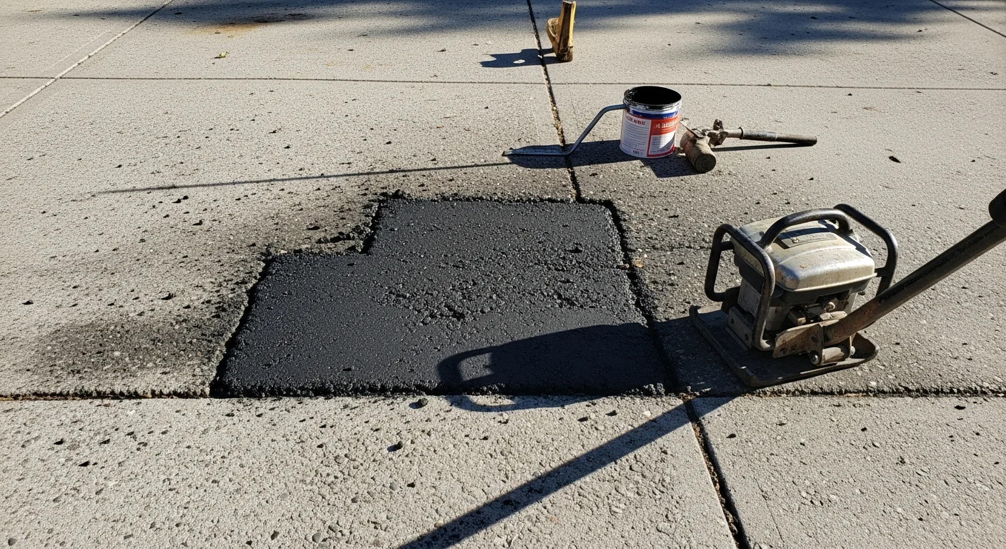 Freshly patched asphalt driveway in Boise, Idaho, showing a smooth, dark repair area blended into the surrounding pavement surface. Close-up view of completed pothole and crack repair work on a residential property.