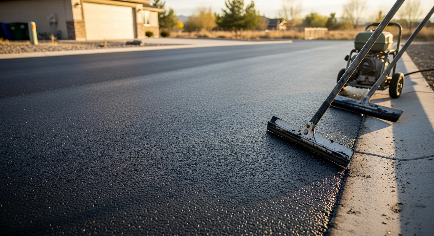 Freshly seal coated residential asphalt driveway in Boise, Idaho, showing a uniform dark black surface with clean edges. A single-car garage and dry summer landscaping are visible in the background.