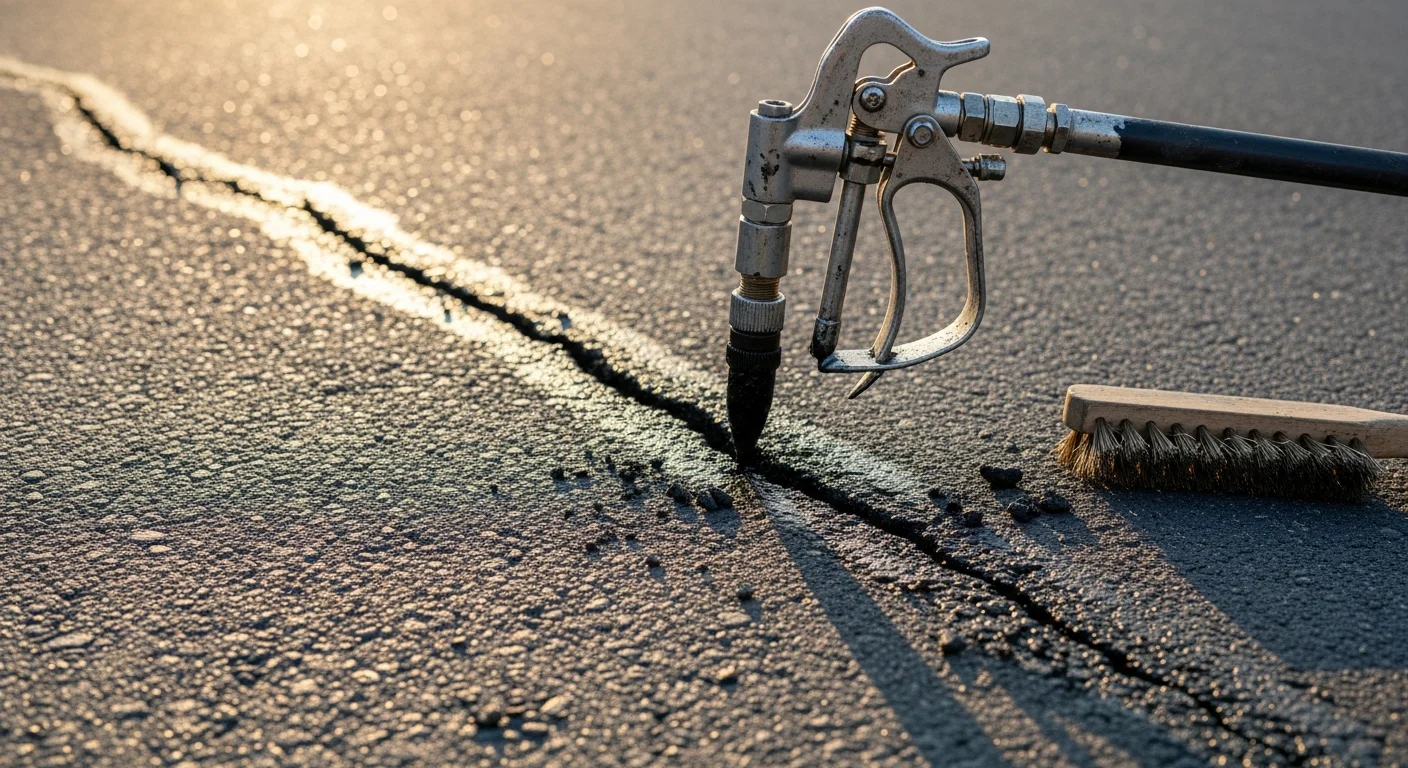 A Boise residential asphalt driveway with filled and sealed surface cracks running along the center and edges. The repaired cracks show a clean, dark sealant line against the existing pavement surface.