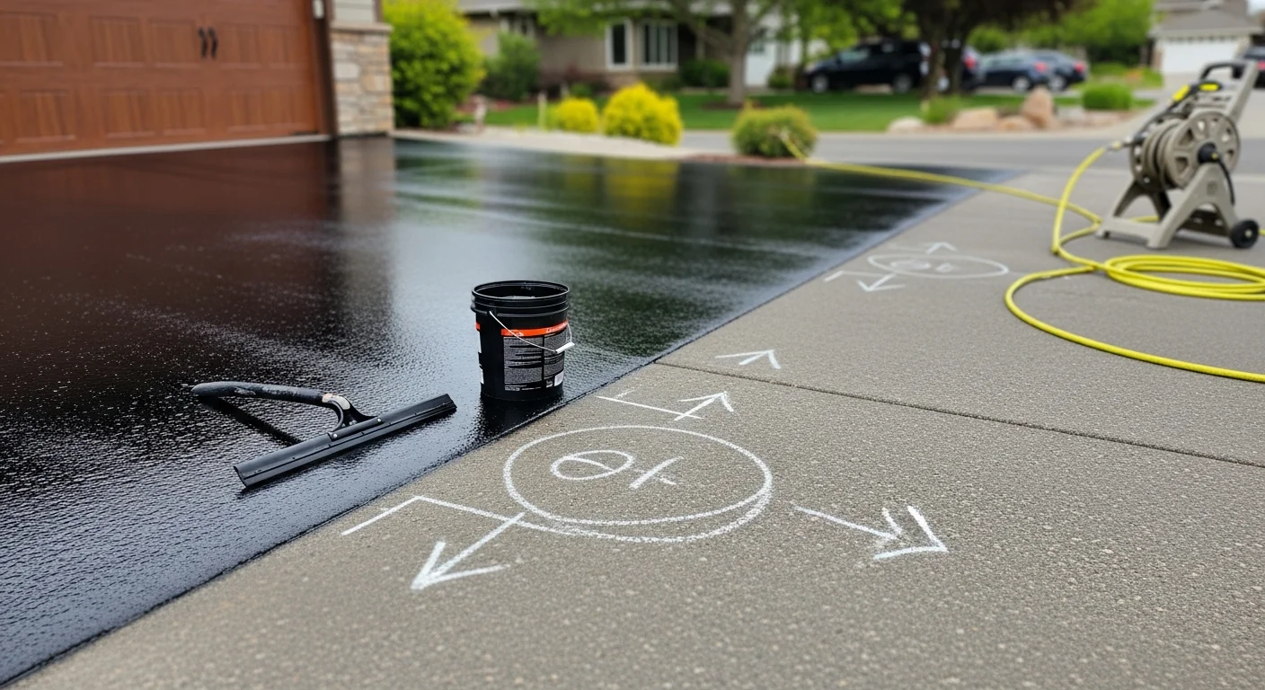 A freshly sealed residential asphalt driveway in Boise, Idaho, showing a smooth dark surface with filled cracks and clean edges. The driveway leads to a single-family home against a clear Idaho sky.