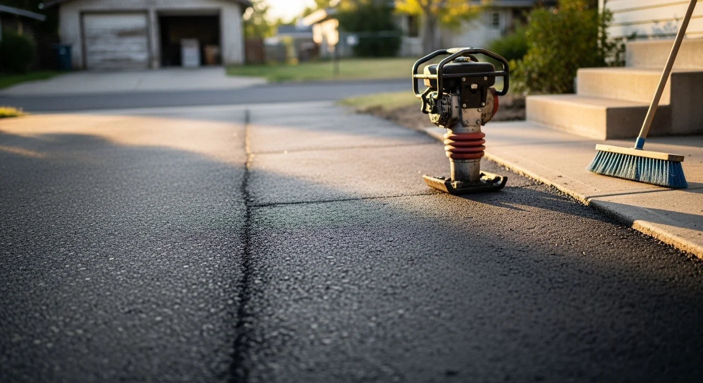 A freshly patched asphalt driveway in a Boise residential neighborhood, showing a smooth, compacted repair section flush with the surrounding pavement. The patch covers a previously cracked and sunken area near the driveway apron.