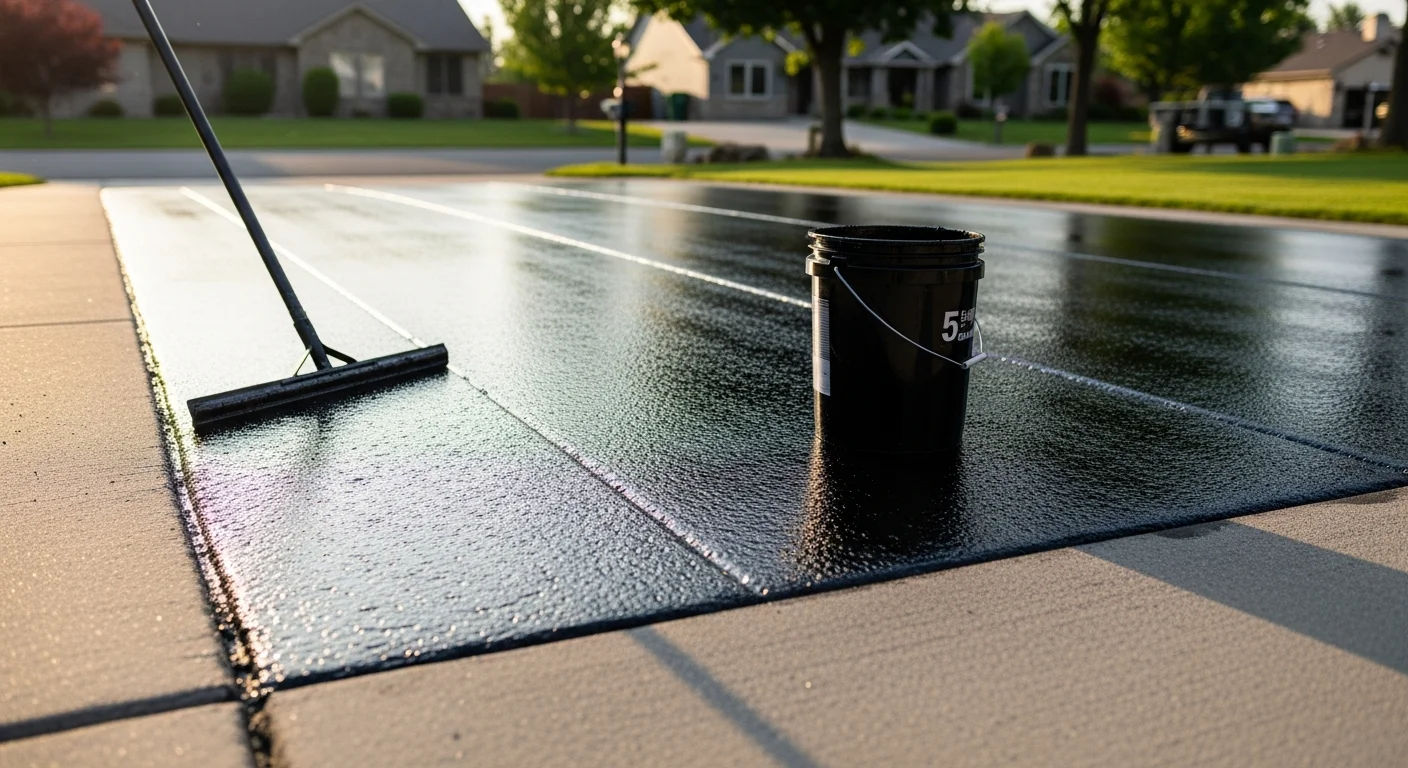 A freshly seal coated asphalt driveway in a Boise residential neighborhood, showing a uniform dark black surface with clean, defined edges. The surrounding landscape reflects a typical Idaho home setting with a clear blue sky overhead.