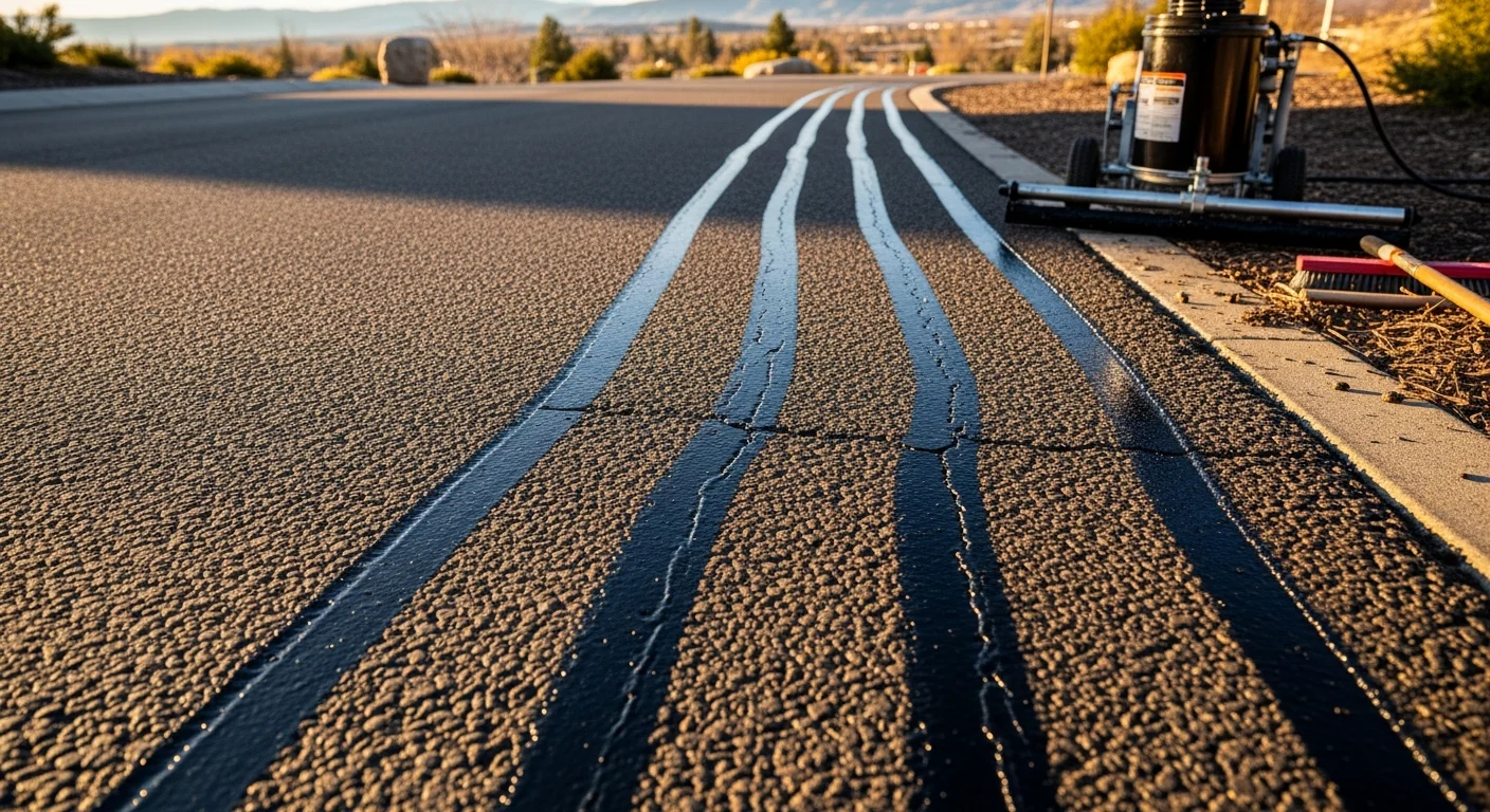 A Boise asphalt parking lot surface showing freshly applied hot rubber crack filler sealing a longitudinal crack in dark pavement. The rubberized sealant sits flush with the surrounding asphalt, creating a clean, sealed repair line.