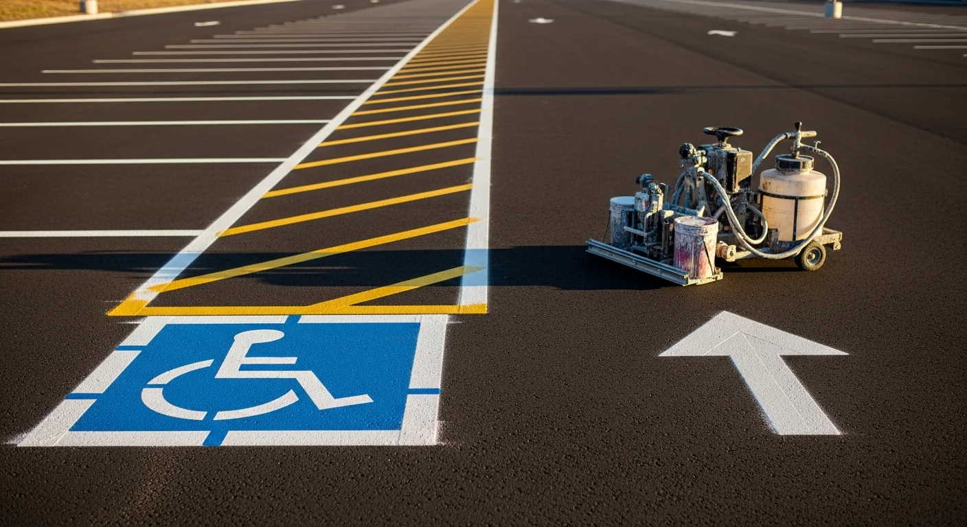 Freshly repainted white stall lines and yellow fire lane curb markings on a commercial asphalt parking lot in Boise, Idaho. Crisp ADA stall markings and directional arrows are visible under clear high-desert sunlight.