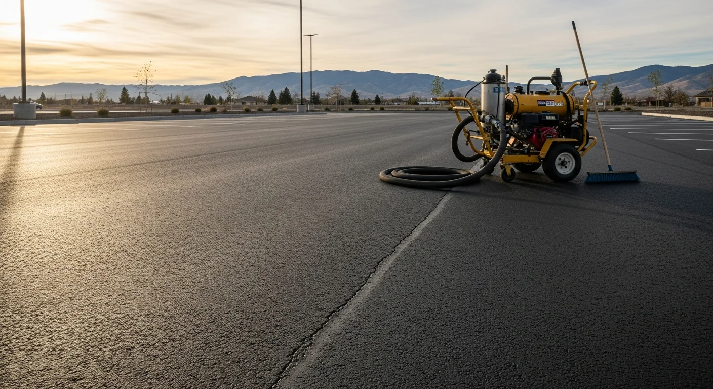 A freshly sealed and restriped commercial parking lot in Boise, Idaho, with crisp white parking space lines and a uniform dark asphalt surface. The lot shows no visible cracking or fading, reflecting a completed parking area maintenance service by C&C Asphalt.