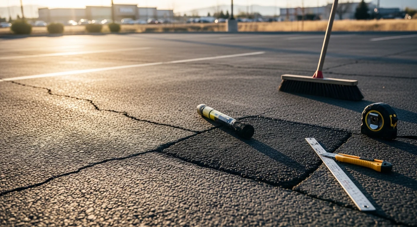 Freshly patched and repaired commercial parking lot asphalt in Boise, Idaho, showing smooth dark pavement surface with filled cracks and level pothole patches. The lot serves a multi-unit commercial property with clear lane markings visible after repair work by C&C Asphalt.