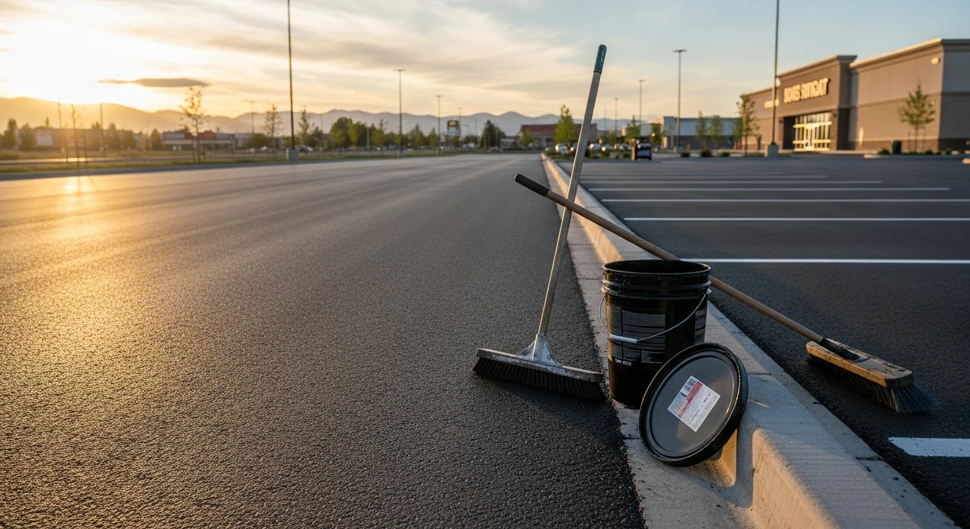 A freshly seal coated commercial parking lot in Boise, Idaho showing a uniform dark asphalt surface with crisp parking stall lines. The lot serves a multi-unit commercial property under clear high-desert sky conditions.