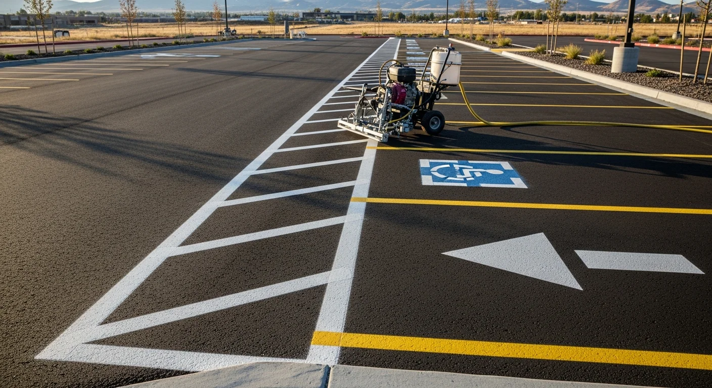 Freshly striped commercial parking lot in Boise, Idaho showing bright white stall lines, a blue ADA-accessible space with diagonal access aisle markings, and a clearly painted fire lane along the curb. The asphalt surface is clean and the markings are sharp and evenly applied.
