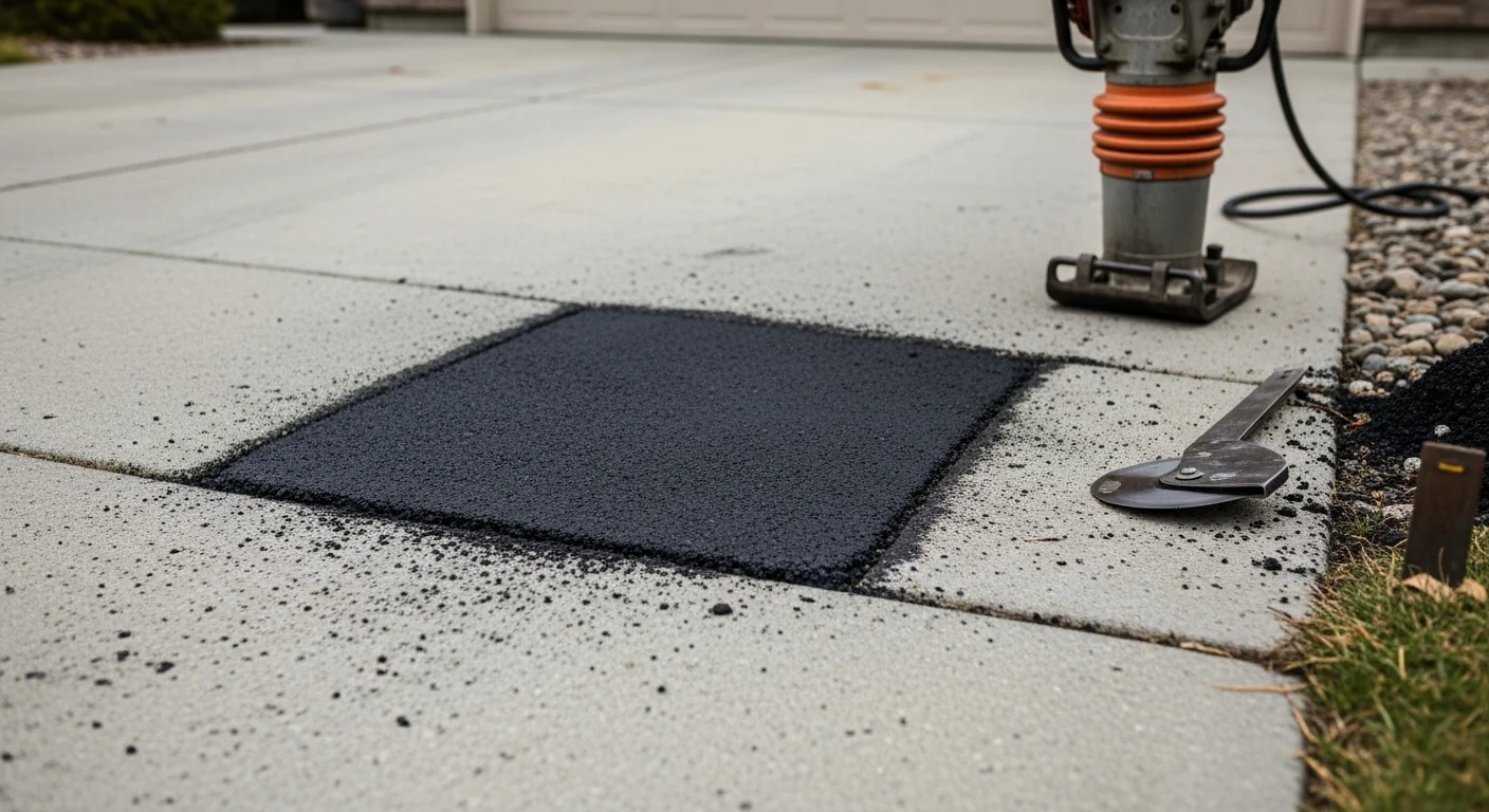 A freshly patched asphalt driveway pothole in Boise, Idaho, showing a smooth, compacted repair flush with the surrounding surface. The repaired section contrasts with the older asphalt on a residential driveway.